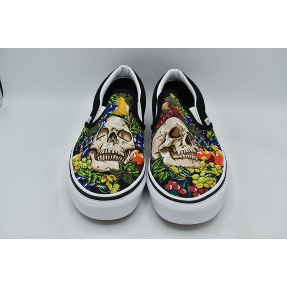 Vans Womens Size 10.5 Black White Fruit Skull Classic Slip On Sneakers Shoes - Picture 3 of 13